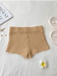 Flirla Starfish Crochet 3D Decorative Vacation Knit Shorts Beach Vacation White Shimmer Summer Sexy Breezy - Khaki - View 4