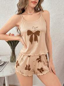 SHEIN Casual Underwear&Sleepwear 少女休閒粉色蝴蝶印花荷葉邊細肩帶背心與短褲睡衣套裝，2件組 - 彩色 - 查看 3
