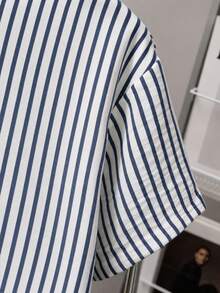 2pcs/Set Tween Boys Casual Vacation Striped Half-Button Shirt Set, Suitable For Daily Commute, Vacation, School And Multiple Occasions - Navy Blue - View 4