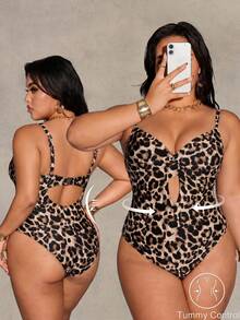Shapewave Traje de baño de una pieza sin espalda con estampado de leopardo para tallas grandes - Multicolor - Ver 1