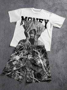 Manfinity ZONE917 寬鬆街頭風破洞金錢嘻哈遮臉迷彩天使字體標語印花T恤短褲套裝，適合春夏（高品質） - 彩色 - 查看 1