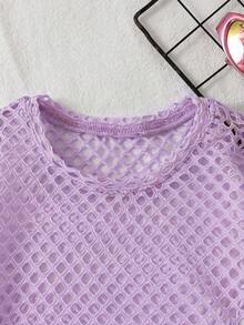 SHEIN 女童小女孩運動街頭風春夏針織網眼圓領短袖上衣，休閒母女套裝 - 淡紫色 - 查看 3