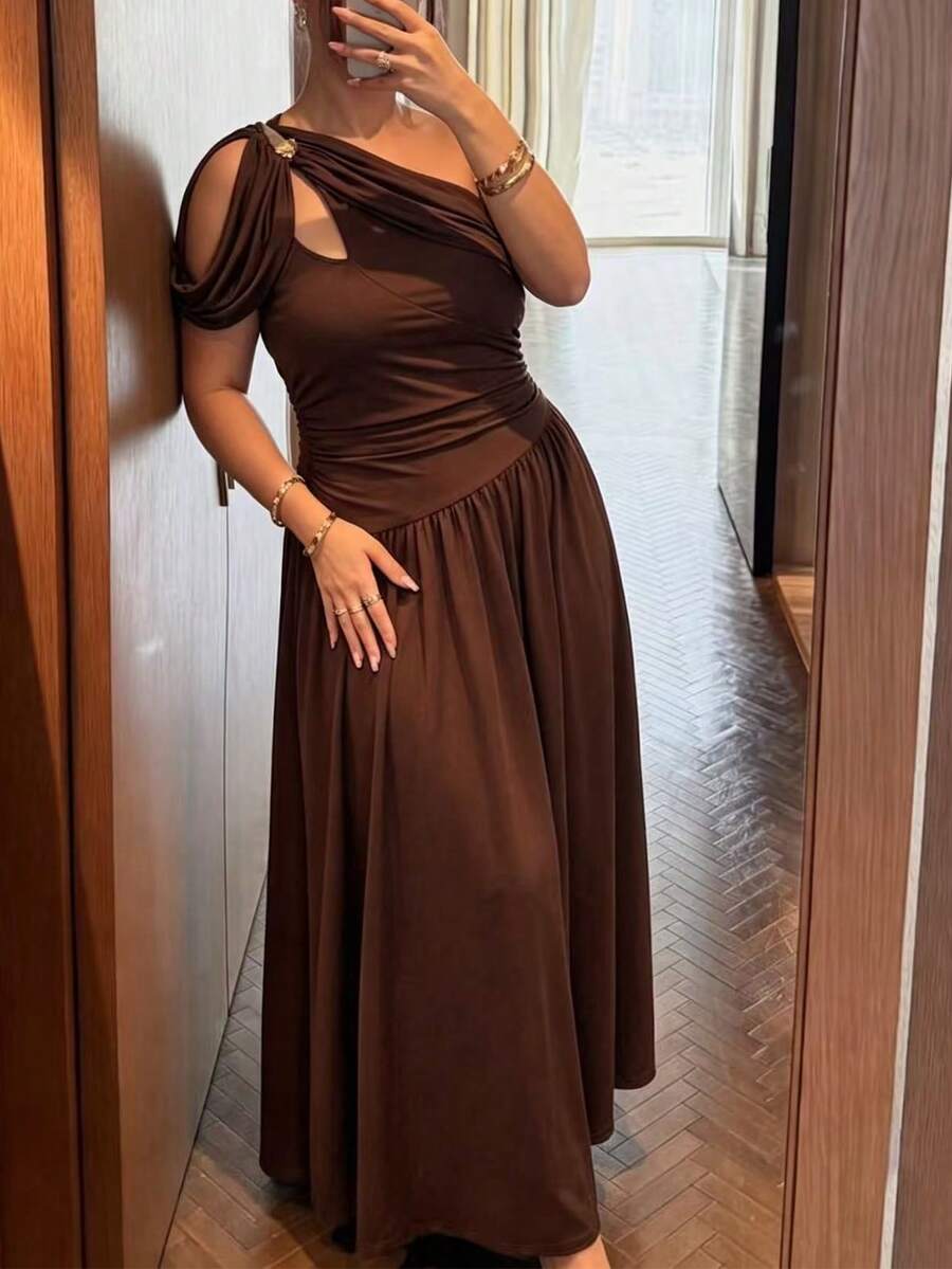 Modelyn Spring Summer Elegant Casual Formal Waist-Defining Asymmetric Shoulder Metal Button Knit Textured Pleated Plus Size Women's Dress Brown - Brown - View 1