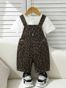 SHEIN Baby Jungen Sommer Lässig Patchwork Detail Baggy Gerade Bein Denim Latzhose Jumpsuit - Verschiedenfarbig - Übersicht 7