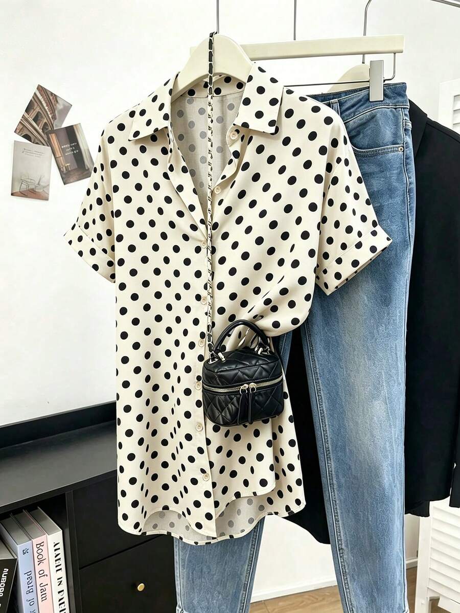 Franclia Plus Size Fashion Black And White Print Single-Breasted Short Sleeve Shirt Workwear Office Formal Homewear Vacation Summer Elegant 1920 Vintage - Apricot - View 1