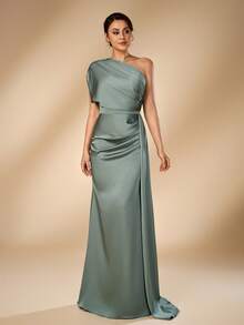 Serin Elegant Luxurious Green Glossy Satin Ruched Asymmetric Neck Mermaid Dress For Homecoming Formal Wedding Party Graduation - Green - View 4