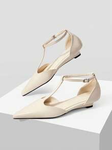 Mnmlis Pointed Simple T-Buckle Design Wedge Heel Shoes Commuter Versatile On Daily Dating Dinner Party - Beige - View 1