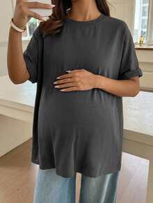 Dazy Maternity Solid Color Patchwork Back Button Design Front Short Back Long Spring Summer Short Sleeve Maternity T-Shirt - Dark Grey - View 6