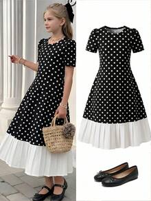 1pc Tween Girl Bowknot Pleated Short Sleeve Dress, Loose Fit, Spring/Summer - Black - View 7