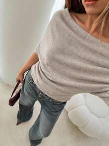 Aloruh Women's New Autumn/Winter Dark Grey Drape Shoulder Asymmetric Neck Short Sleeve Knit Sweater - Khaki - View 5