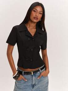 SHEIN BAE Women's Black Double-Breasted Short-Sleeved Jacket, Suitable For Casual Outings, Slim-Fit Black Jacket, Short-Sleeved Black Jacket. - Black - View 4