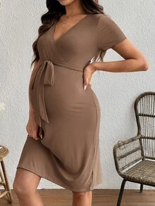 SHEIN 孕婦純色V領哺乳功能休閒日常穿著洋裝 - 棕色 - 查看 7