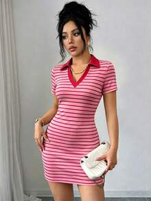 SHEIN Raffinéa Shirt Collar Knit Striped Fabric V-Neck Fitted Short Sleeve Mini Dress - Hot Pink - View 5