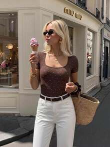SHEIN Frenchy Women's Brown And White Polka Dot Contrast Color Pleated Basic Simple T-Shirt Everyday Summer Casual - Brown - View 2