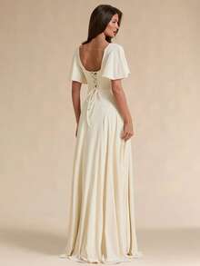 SHEIN BAE Spring/Summer Solid Cream White Square Neck Ruffle Sleeve A-Line Flared Maxi Dress Christening Elegant - Apricot - View 2