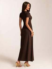 SHEIN BAE Spring/Summer Solid Dark Brown Round Neck Short Sleeve Fitted Dress, Elegant Casual Knit Brunch Going Out - Brown - View 2