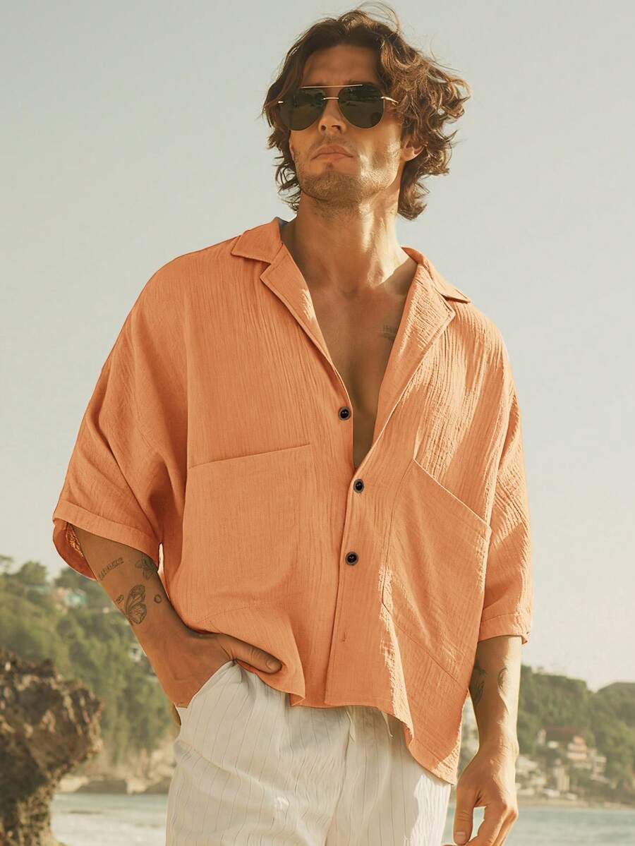 HIMLAND Men's Khaki Short-Sleeve Button-Up Shirt. Relaxed Fit, Classic Collar, Chest Pockets. Versatile For Beach Vacations & - Orange - View 1