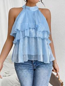 Firerie Loose Neck Ruffle Asymmetrical Chiffon Blouse,Summer Top - Blue - View 6