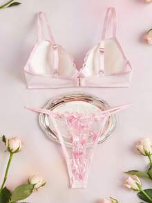 Elorette 2pcs Hot Pink Underwire Molded Cup Comfy Balconette Push Up Embroidered Floral Pattern High Support Lift And Gather Romantic Cute Women's Lingerie Set - Pink - View 10
