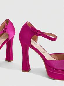 CUCCOO SZL Zapatos de tacón alto sexy con plataforma, tacón grueso, punta cuadrada y correa de tobillo para mujer - Rosa Fucsia - Ver 5