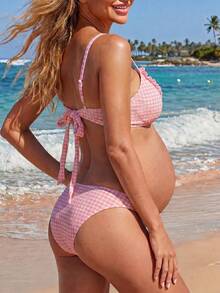 SHEIN 26SS Summer Beach Vacation Yellow Ruffle Textured Fabric Maternity Swimwear Set - Pink - View 2