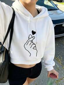 INAWLY Gesture & Heart Print Drop Shoulder Drawstring Thermal Hoodie,Long Sleeve Tops Graduation,Teacher,Back To School Pullover Fall - White - View 1