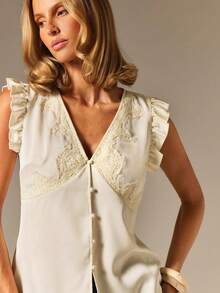 COSMINA Blusa sin mangas elegante y romántica de verano para mujer con patchwork de encaje, color blanco crema, para brunch y fiesta de té - Albaricoque - Ver 4