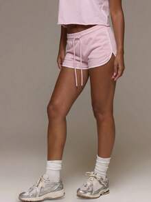 MUSERA ESSENTIALS Shorts mini de sudadera con cintura de cordón elástico, dobladillo con ribete en contraste, básicos lindos para uso diario, sexy, esencial para primavera y verano - Rosa - Ver 4