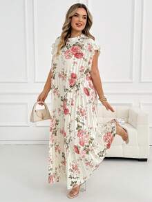 SHEIN CURVE+ فستان نسائي مقاس كبير مطبوع بنقوش بدون أكمام - لون مشمشي - مشاهدة 6