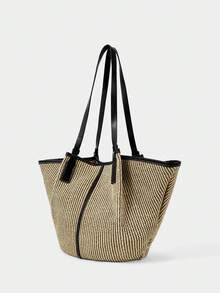 SHECARRY French Retro Woven Tote Bag Large Capacity Commuter Shoulder Bag Leisure Vacation Style Straw Armpit Bag - Black with brown. - View 6