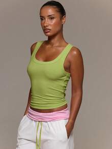 MUSERA ESSENTIALS Ribbed Scoop Neck Fitted Tank Vest Top Cute Everyday Basics Sexy Daily Spring Summer Essential - Lime Green - View 3