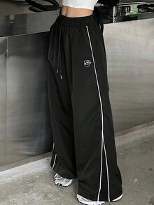 Livesso Tall 女款彈性腰側邊對比色織帶印花休閒寬鬆長褲 夏季 - 黑色 - 查看 6