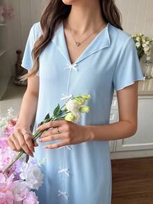 Snug Reverie Women's Casual Lapel Solid Color Ice Silk Bow Short Sleeve Loungewear Dress - Baby Blue - View 5