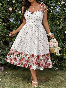 SHEIN Clasi Plus Size Women's Summer Chiffon Vintage Fairycore Celestial Cottage Core Rose Print Spaghetti Strap Tie-Waist Fit Flare Dress Red And White - Multicolor - View 6