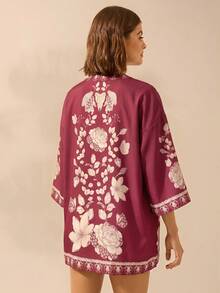 CAJUNI 女款波西米亞風熱帶花卉黑色印花寬鬆和服式罩衫海灘裝 - 酒紅色 - 查看 2