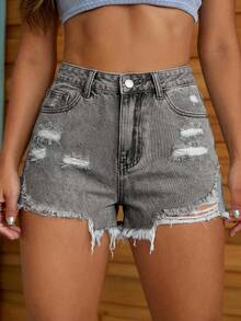 Jeanoix Celana Pendek Denim Distressed Gaya Grunge Kasual Musim Panas Ukuran Plus, Cocok untuk Acara Formal, Kencan Malam, Warna Abu-abu - Light Grey - View 5