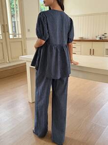 Dazy Maternity Fashion Striped Set Loose Short Sleeve Top Long Casual Pants Daily Wear Maternity 2 Pieces Set Summer - Navy Blue - View 2