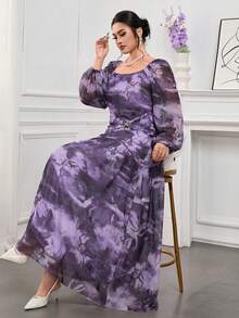 Modelyn Rochie elegantă pentru femei mărimi mari, tie-dye, cu decolteu pătrat, mânecă lanternă, talie și decorațiune metalică - Violet - View 5