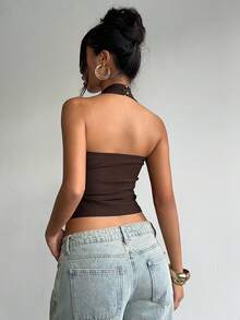 Aloruh Top de mujer con estampado floral, fruncido, ajuste ceñido y cuello halter, versátil para citas y salidas - Marrón - Ver 3