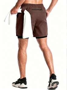 Coreblaze Men's Drawstring Waist Double Layer Sports Shorts - Brown - View 2