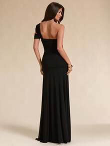 SHEIN BAE Gaun Jala Hitam Polos Leher Asimetris Belahan Tinggi untuk Musim Semi/Panas, Pesta Pernikahan, Malam Hari, Koktail, Halloween, Makan Malam, Seksi, Elegan - Hitam - View 4