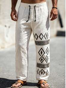 Manfinity Dauomo Pantalones largos casuales versátiles de uso diario con estampado geométrico y cintura con cordón para hombres - Beis - Ver 1