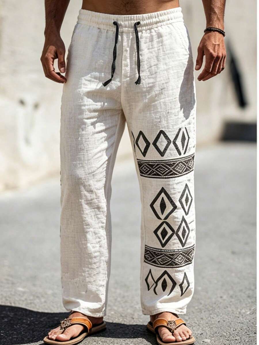 Manfinity Dauomo Pantalones largos casuales versátiles de uso diario con estampado geométrico y cintura con cordón para hombres - Beis - Ver 1