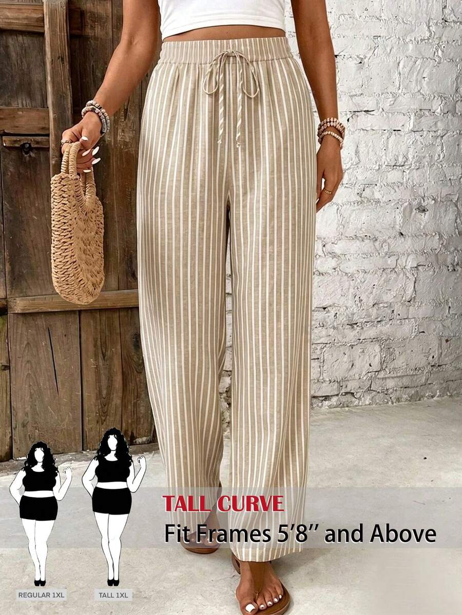 SHEIN Tall CURVE 大尺碼女款腰部繫帶條紋直筒寬鬆休閒長褲 - 杏色 - 查看 1