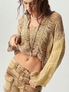 Bohemela Vintage Boho Gradient Seahorse Hollow Knit Sweater Vacation Dusty Pink Autumn - Champagne - View 9