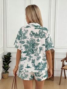 Easowa 女款度假植物印花短袖襯衫與短褲休閒兩件套，休閒服飾 - 綠色 - 查看 2