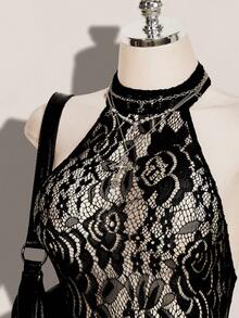 SHEIN ICON 女款花卉蕾絲性感透視掛脖貼身連身褲 - 黑色 - 查看 5