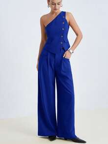 Aveloria Modichic Desain Asimetris Satu Bahu, Elemen Kancing Dekoratif, Celana Panjang Lebar Lurus Pinggang Tinggi, Potongan Slim Fit, Kain Poliester Nyaman. Kata Kunci Populer: Set Ukuran Standar, Tank Top Satu Bahu, Celana Panjang Lebar, Detail Kancing, Pakaian Kantor, Gaya Mewah, Potongan Slim Fit, Koleksi Musim Panas Terbaru, Kustomisasi Kelas Atas. Set Dua Potong Wanita untuk Perjalanan & Kencan - Royal Blue - View 3
