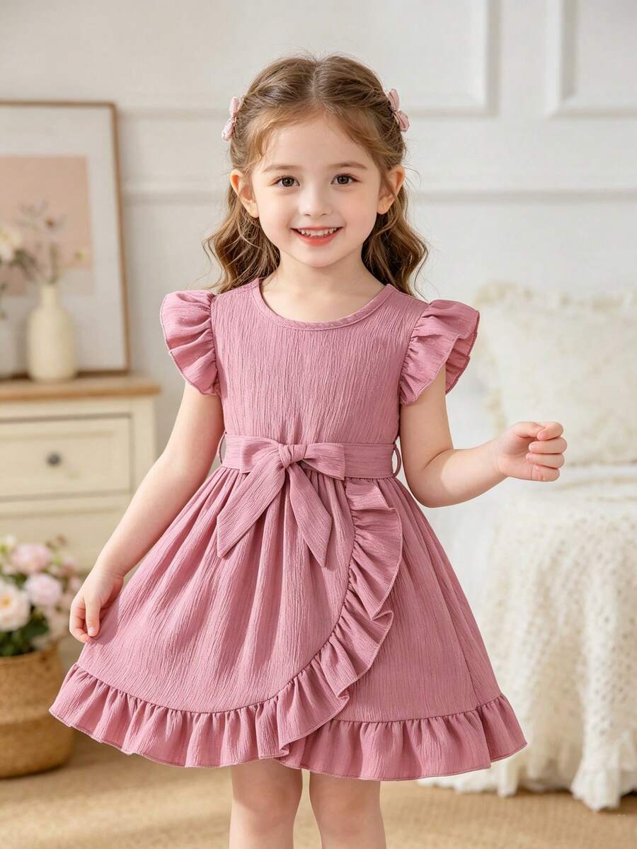 SHEIN Elladie kids 年轻女孩舒适休闲荷叶边下摆连衣裙(配腰带),夏季 - 粉色 - 查看 1