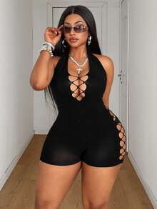 Maweii Women's Plus Size Solid Color Halter Neck Cutout Sexy Romper - Black - View 2